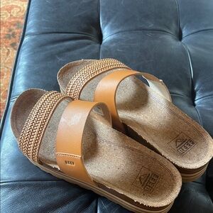 Reef Brown Slide Sandals with Woven Strap